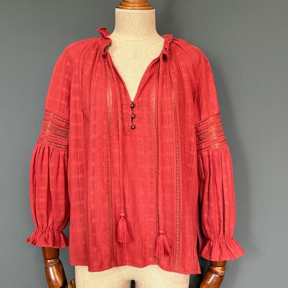 Veronica Beard Kalina Peasant Blouse‎ | Size 8 | Red 100% Cotton Cottagecore Top - Picture 2 of 7